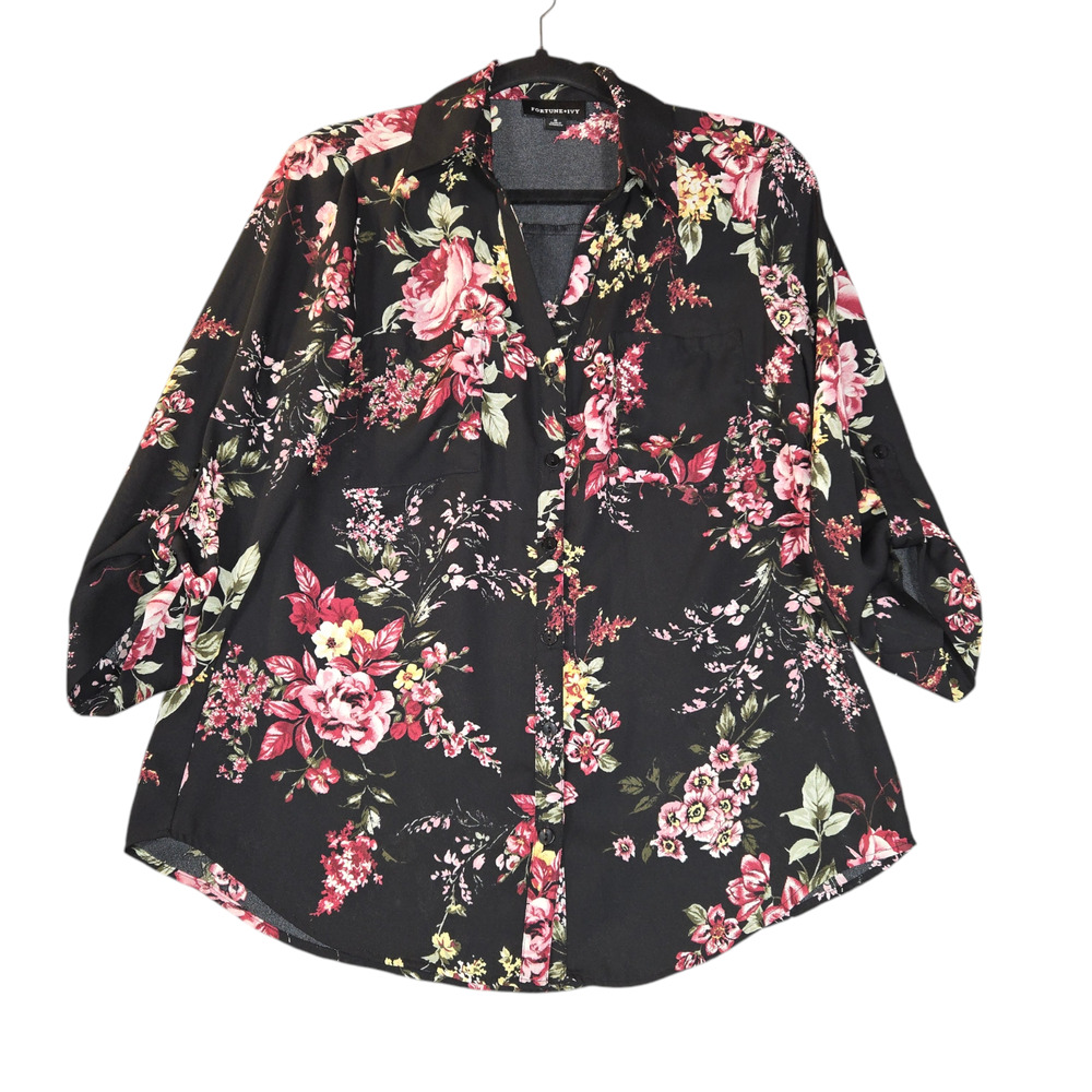 Fortune + Ivy Womens Medium Button Up Blouse Floral Semi Sheer Round Hem Flowy‎
